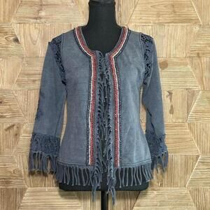 BKE Blue Jacket with Embroidery & Fringe Western Boho Festival Coat Women's M